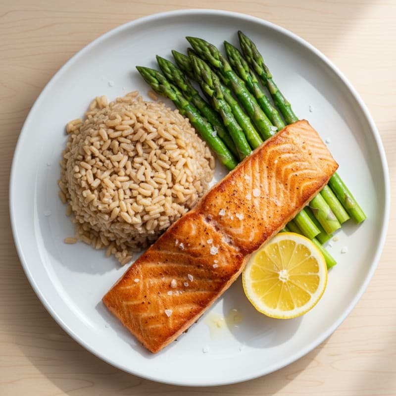 Seared Salmon Fillet with Steamed Asparagus and Brown Rice