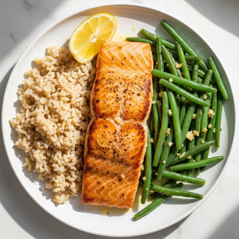 Seared Salmon with Garlic Green Beans and Brown Rice