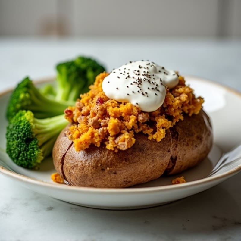 Crispy Baked Potato with Lean Ground Turkey, Steamed Broccoli, and Creamy Greek Yogurt