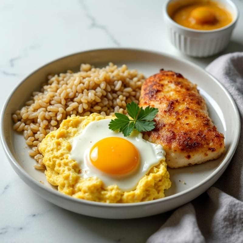 Scrambled Eggs with Sautéed Chicken and Brown Rice