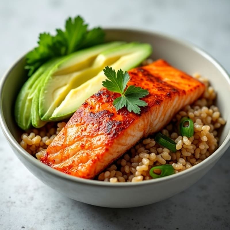 Spicy Salmon Rice Bowl with Creamy Avocado and Fresh Cucumber