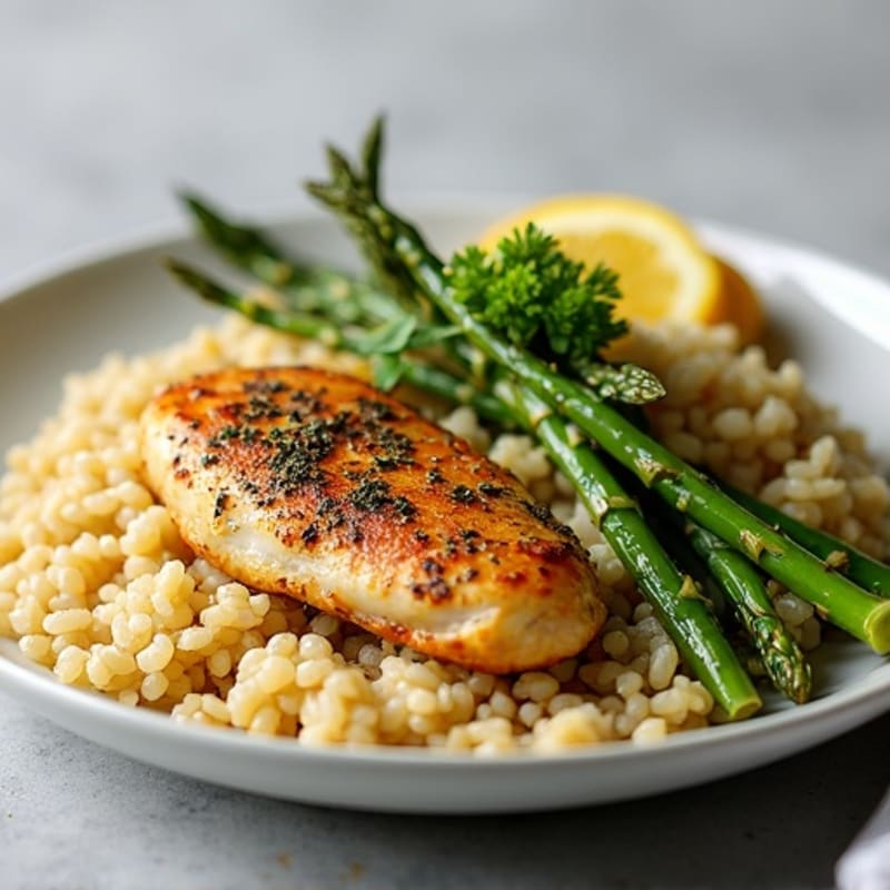 Herb-Roasted Chicken with Garlic Rice and Crispy Asparagus