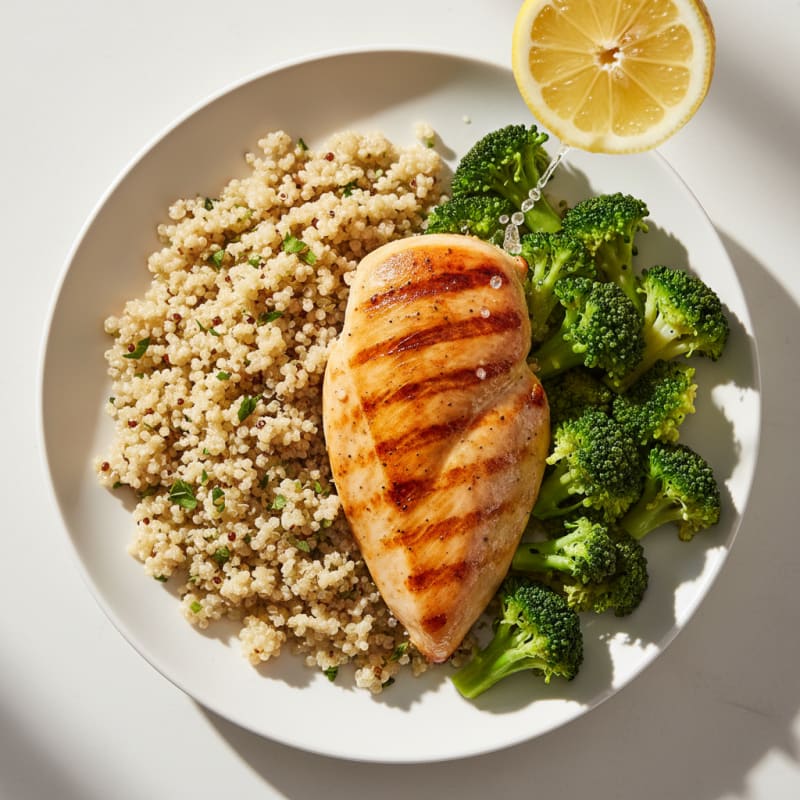 Grilled Chicken Breast with Steamed Broccoli and Quinoa