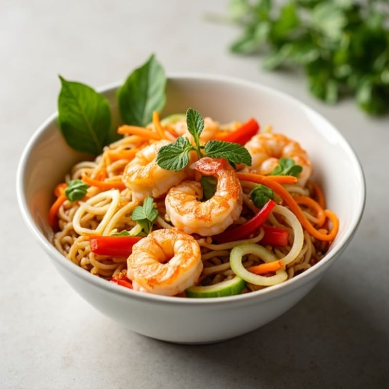 Shrimp and Rice Noodles with Tangy Peanut Sauce and Crisp Vegetables