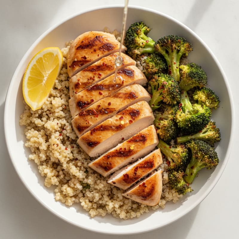 Grilled Chicken and Quinoa Bowl with Roasted Broccoli