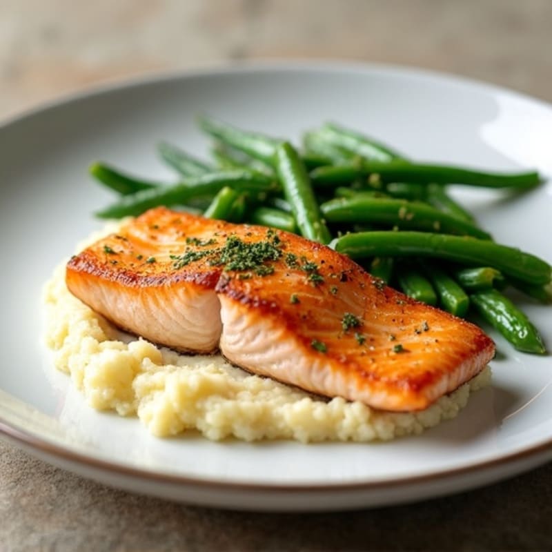 Seared Salmon with Steamed Green Beans and Cauliflower Mash