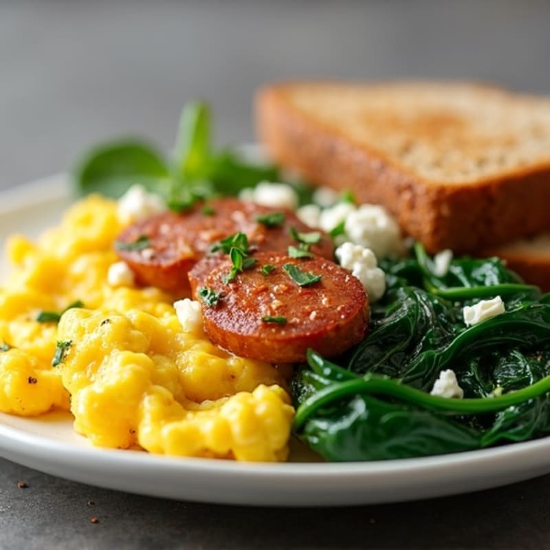Scrambled Eggs with Chicken Sausage and Sautéed Spinach