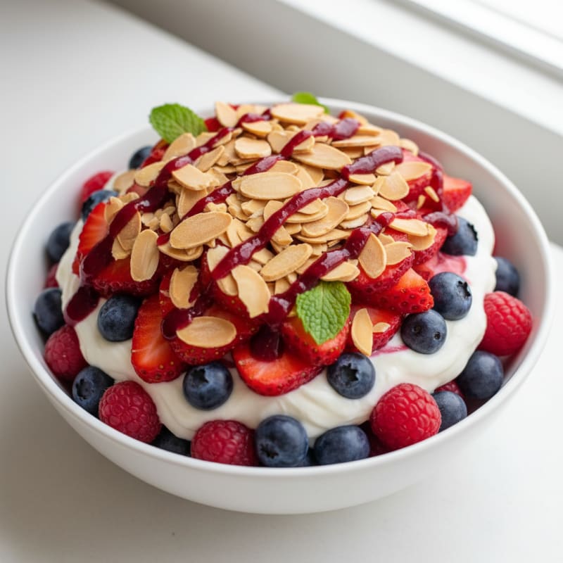 Greek Yogurt Protein Parfait with Mixed Berries and Almonds