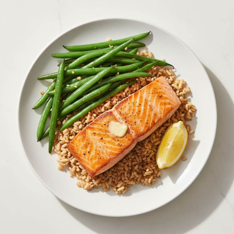 Seared Salmon with Garlic Green Beans and Brown Rice
