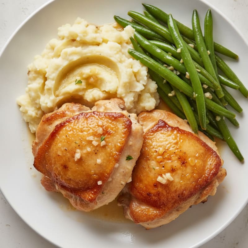 Seared Chicken Thighs with Steamed Green Beans and Garlic Mashed Potatoes
