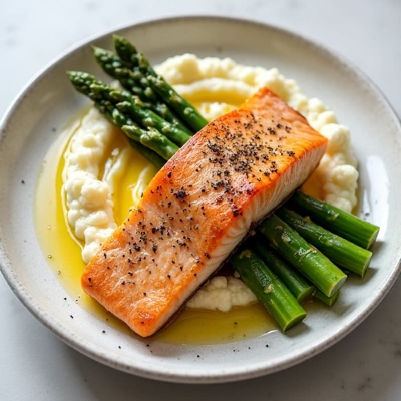 Seared Salmon with Steamed Asparagus and Cauliflower Mash