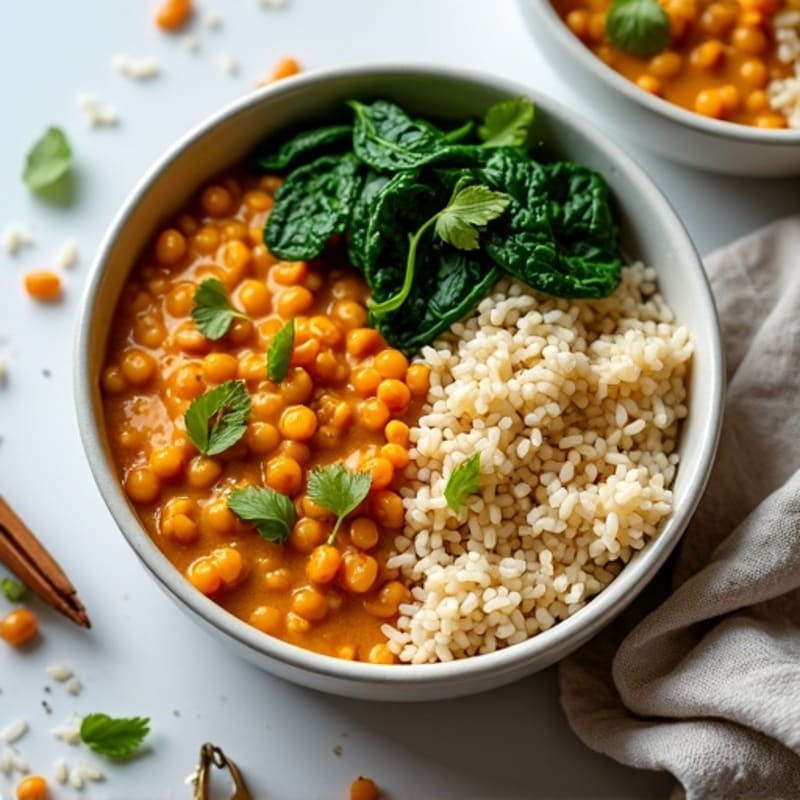 Creamy Coconut Lentil Curry with Spinach and Brown Rice