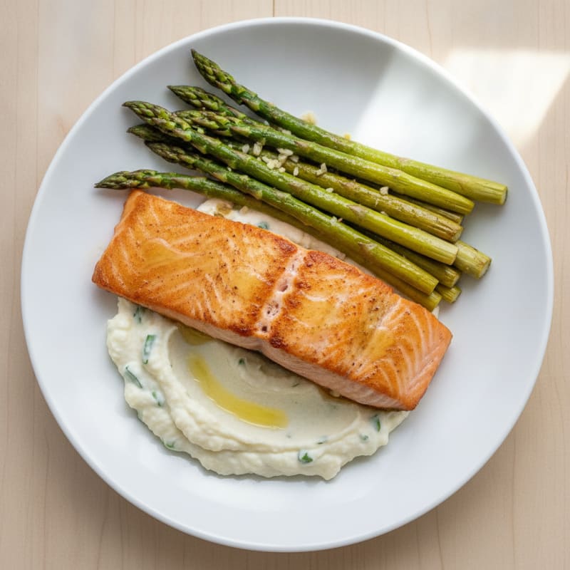 Seared Salmon Fillet with Roasted Asparagus and Cauliflower Mash