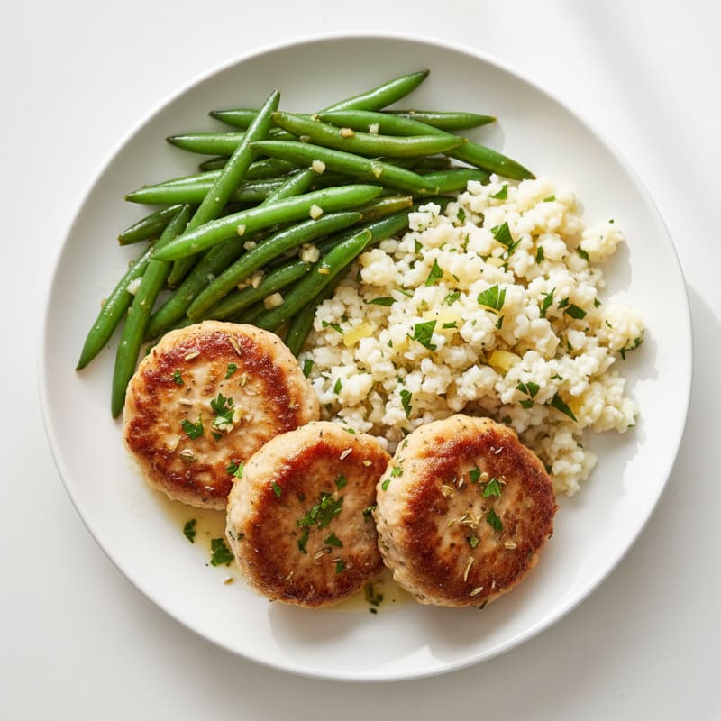 Herb-Roasted Turkey Patties with Garlic Green Beans and Cauliflower Rice