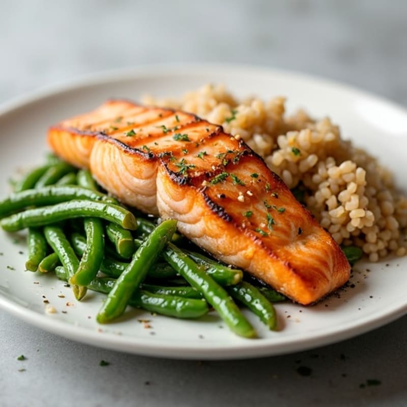 Seared Salmon with Garlic Green Beans and Brown Rice