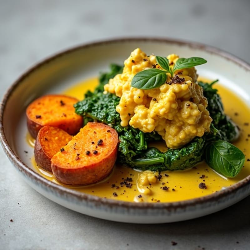 Creamy Tofu Scramble with Spinach and Roasted Sweet Potato
