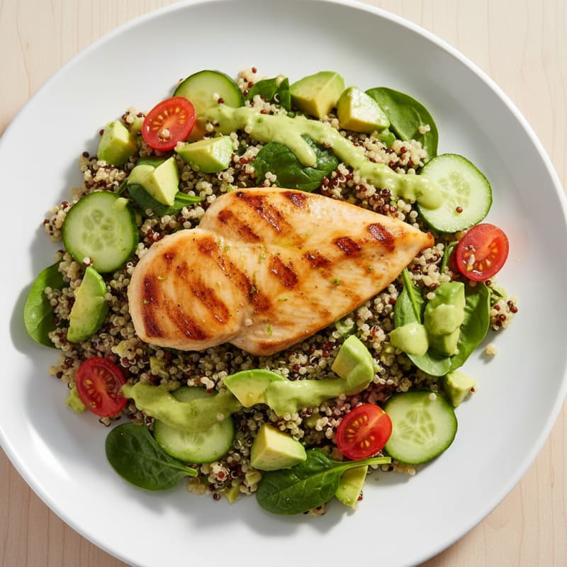 Grilled Chicken Breast with Creamy Avocado Quinoa Salad