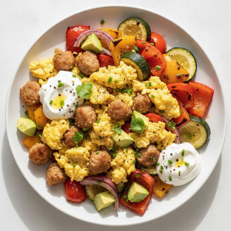 Hearty Scrambled Eggs with Roasted Vegetables