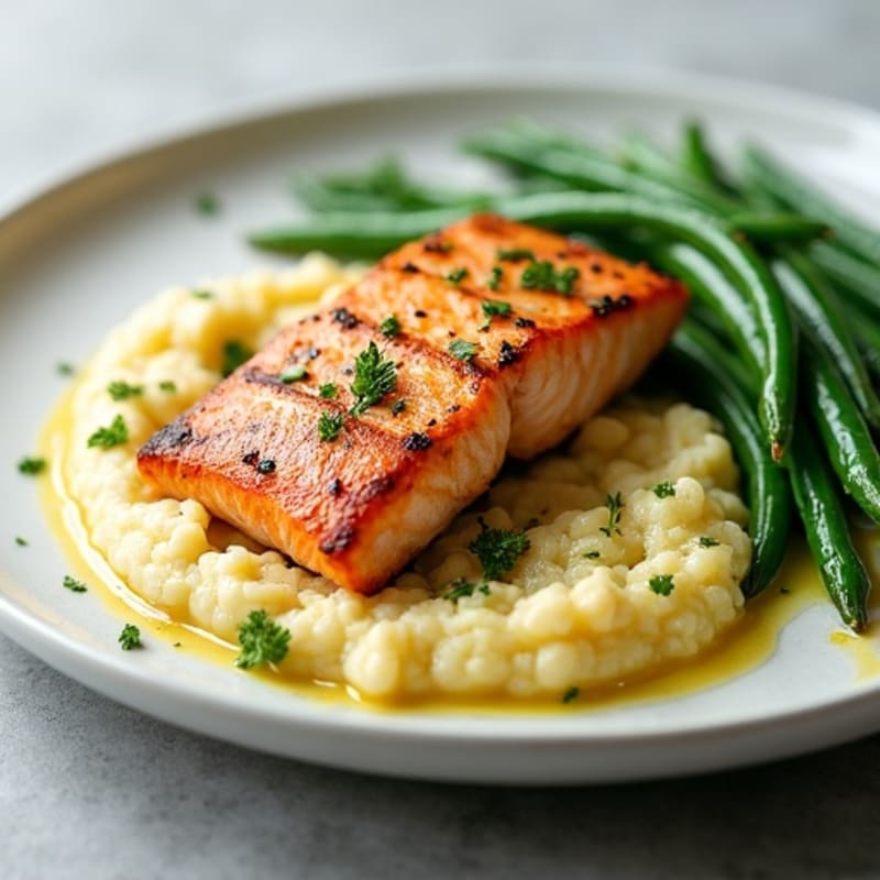 Seared Salmon with Steamed Green Beans and Cauliflower Mash