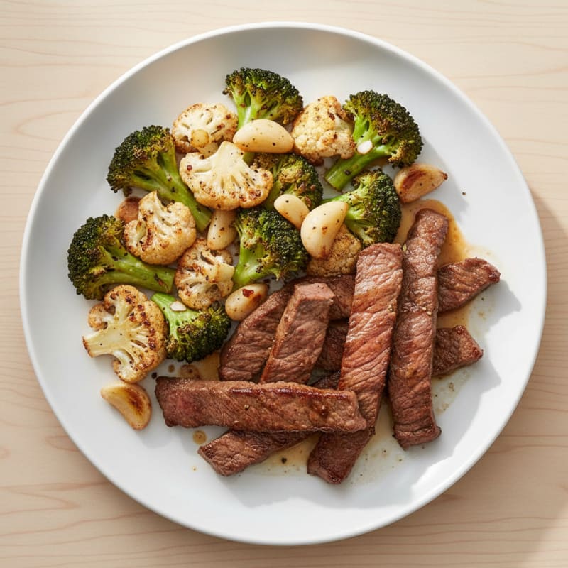 Seared Lean Beef Strips with Roasted Broccoli and Cauliflower