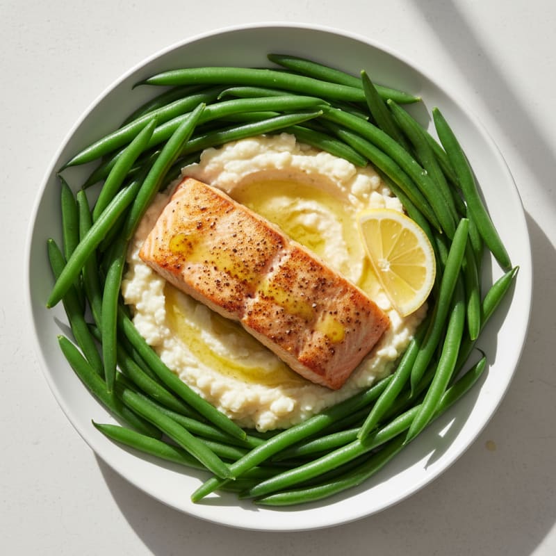 Seared Salmon with Steamed Green Beans and Cauliflower Mash