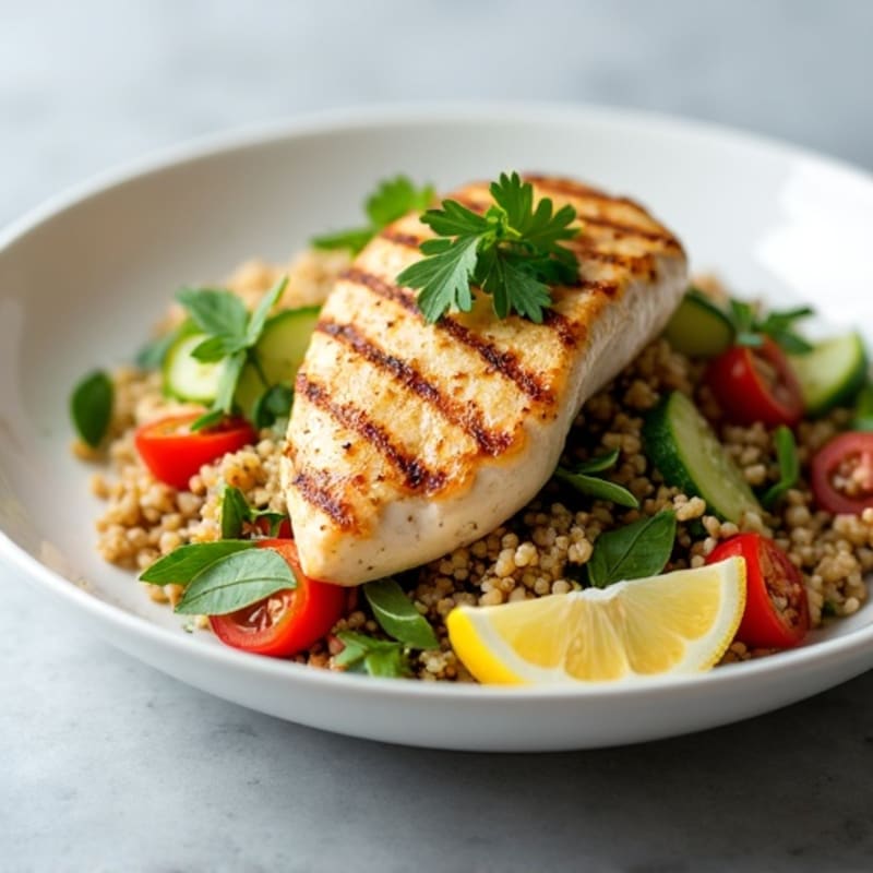 Grilled Chicken Breast with Quinoa Tabbouleh and Lemon Tahini Drizzle
