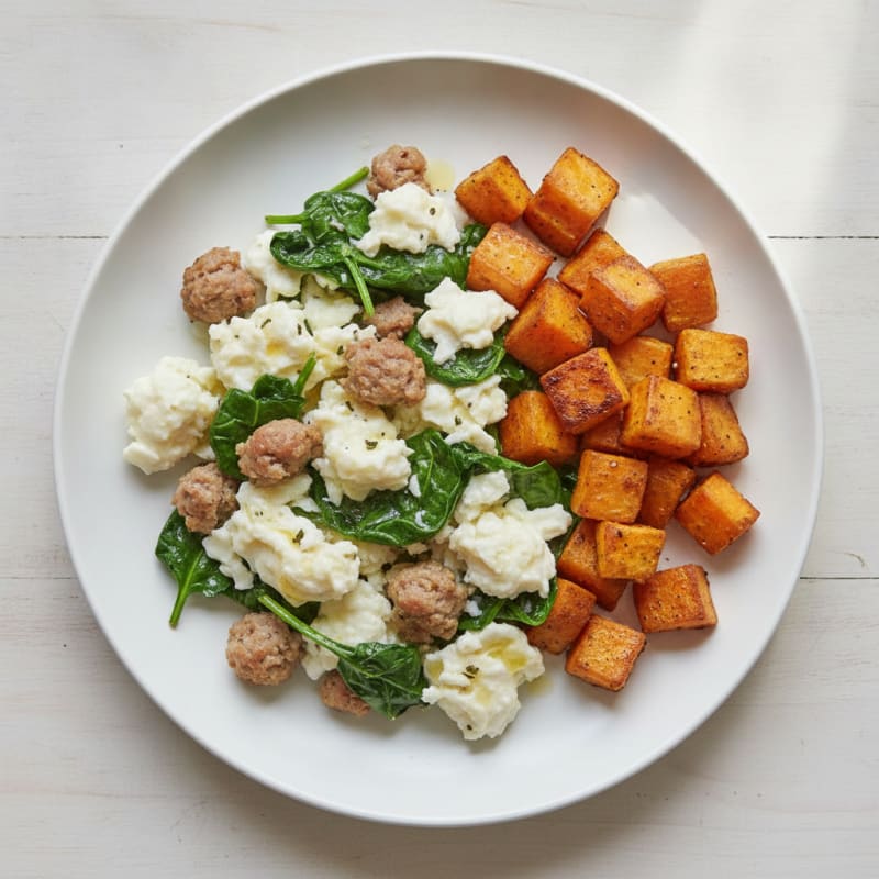 Egg White and Turkey Sausage Scramble with Spinach and Roasted Sweet Potatoes