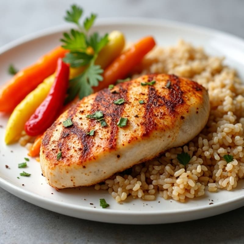 Aromatic Spiced Chicken with Fluffy Brown Rice and Tender Roasted Vegetables