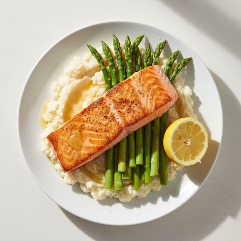 Seared Salmon with Steamed Asparagus and Cauliflower Mash