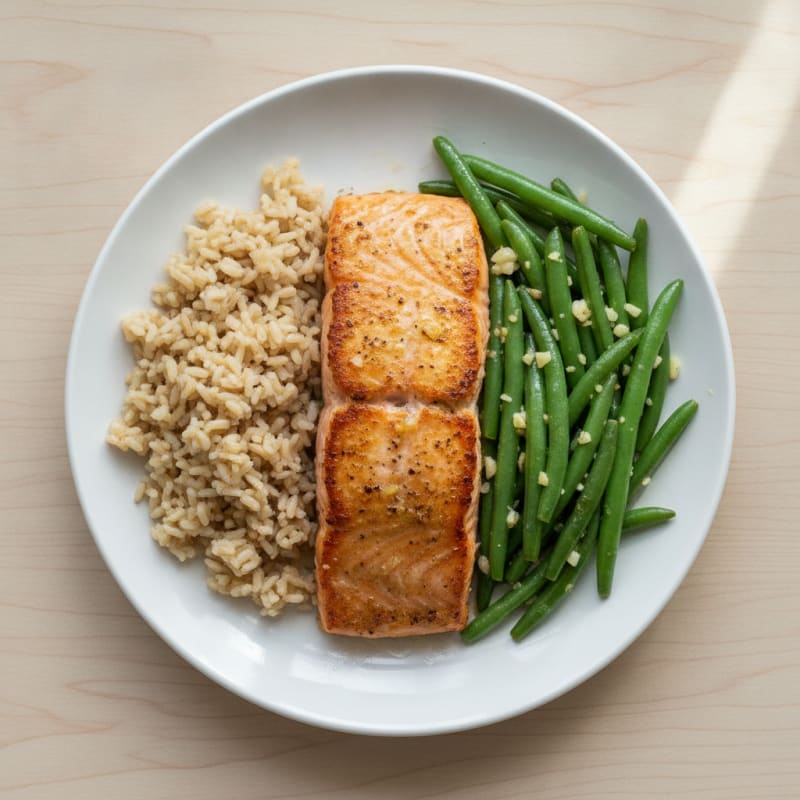 Seared Salmon with Garlic Green Beans and Brown Rice