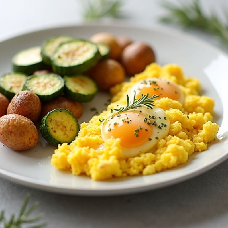 Scrambled Eggs with Roasted Zucchini and Herb Potatoes