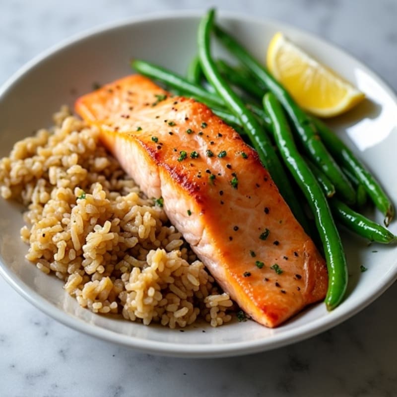 Seared Salmon with Garlic Green Beans and Brown Rice