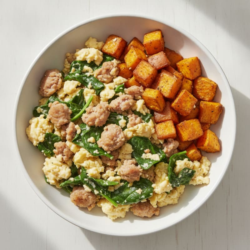 Crispy Turkey Sausage and Egg White Scramble with Spinach