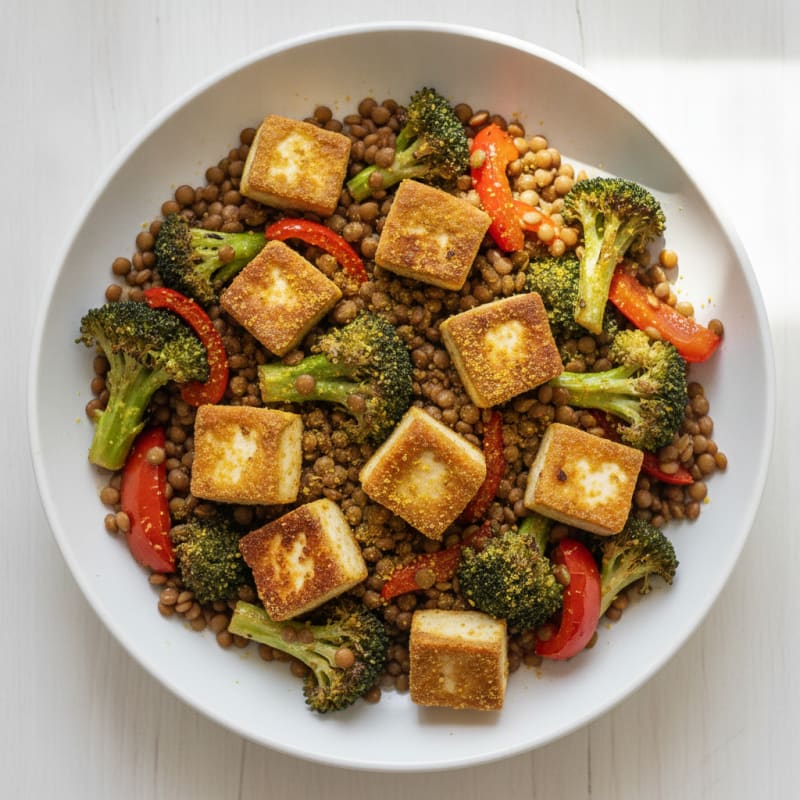 Crispy Tofu and Lentil Power Bowl with Roasted Vegetables