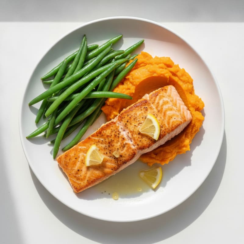 Seared Salmon with Steamed Green Beans and Mashed Sweet Potato