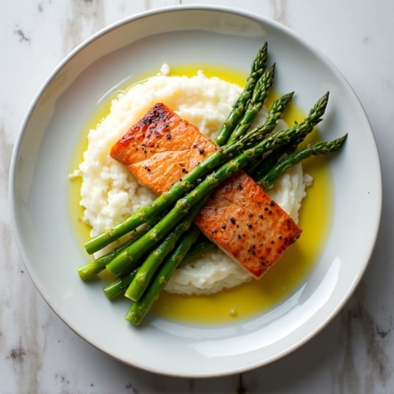 Seared Salmon with Steamed Asparagus and Cauliflower Mash
