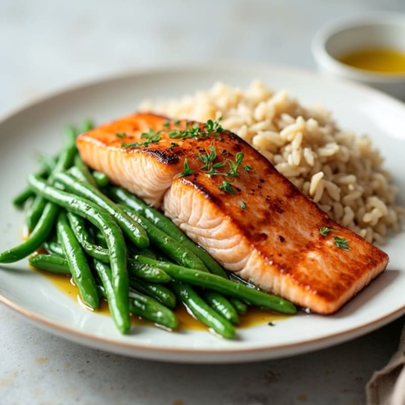 Seared Salmon with Steamed Green Beans and Wild Rice