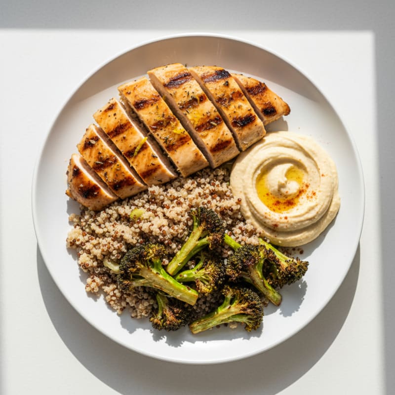 Grilled Chicken Breast with Quinoa, Roasted Broccoli and Hummus