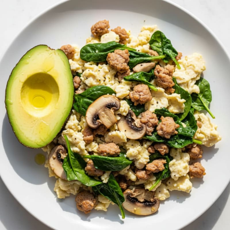 Egg White and Turkey Sausage Scramble with Spinach and Sautéed Mushrooms