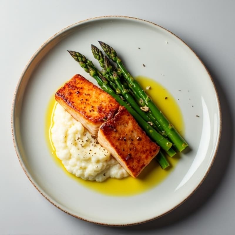 Seared Salmon Fillet with Roasted Asparagus and Cauliflower Mash