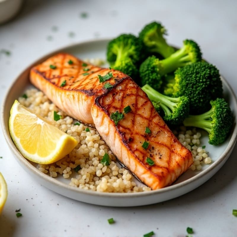 Grilled Salmon with Steamed Broccoli and Quinoa