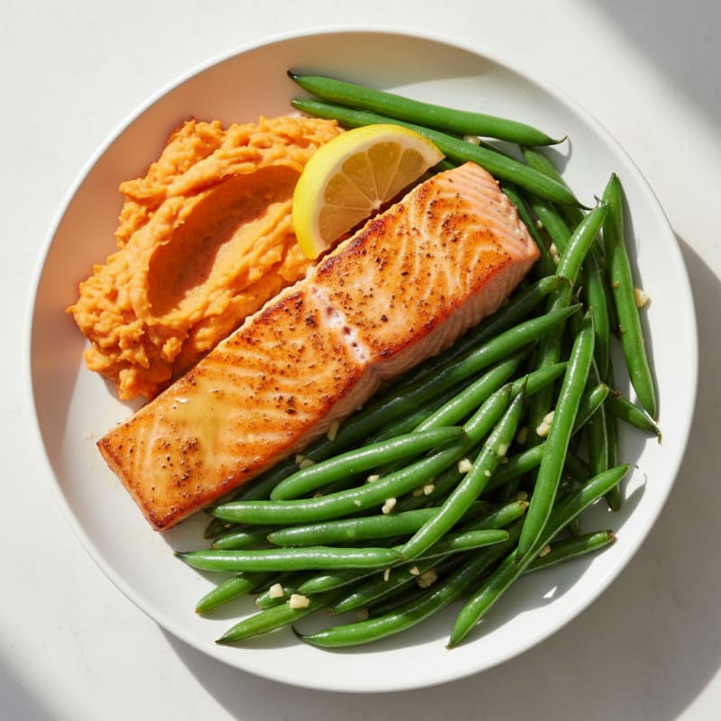 Seared Salmon with Garlic Green Beans and Sweet Potato Mash