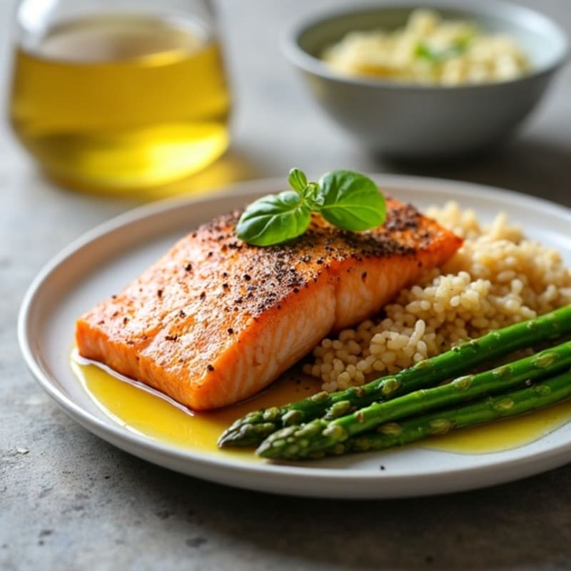 Seared Salmon with Steamed Asparagus and Brown Rice