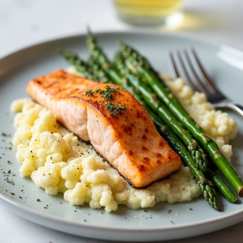 Seared Salmon with Steamed Asparagus and Cauliflower Mash