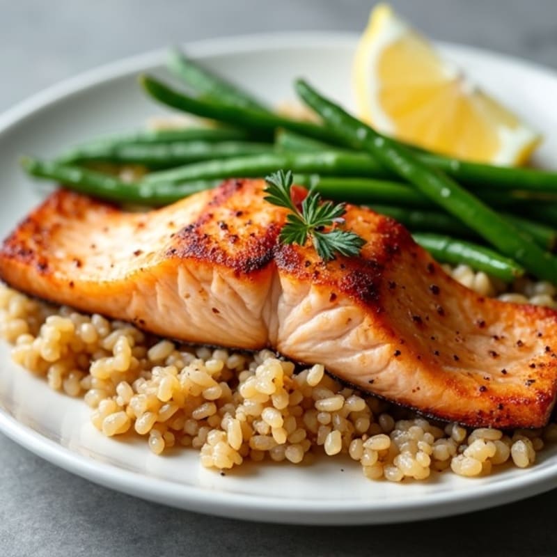 Pan-Seared Salmon with Garlic Green Beans and Brown Rice