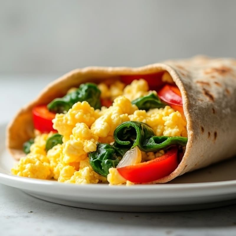 Egg and Cottage Cheese Scramble with Sautéed Vegetables and Whole Wheat Tortilla