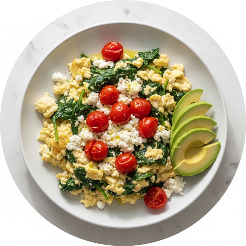 Egg White Spinach Scramble with Cottage Cheese and Cherry Tomatoes