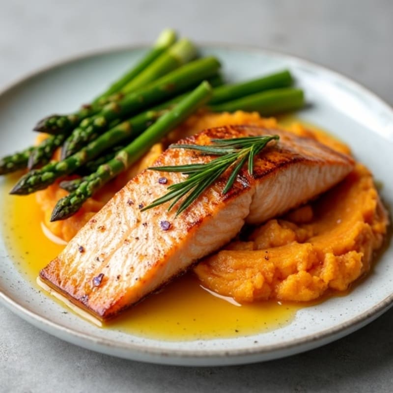 Seared Salmon with Roasted Asparagus and Sweet Potato Mash