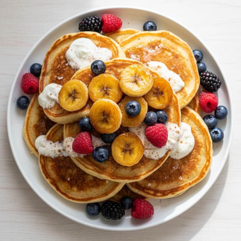 Golden Caramelized Banana Pancakes with Berries