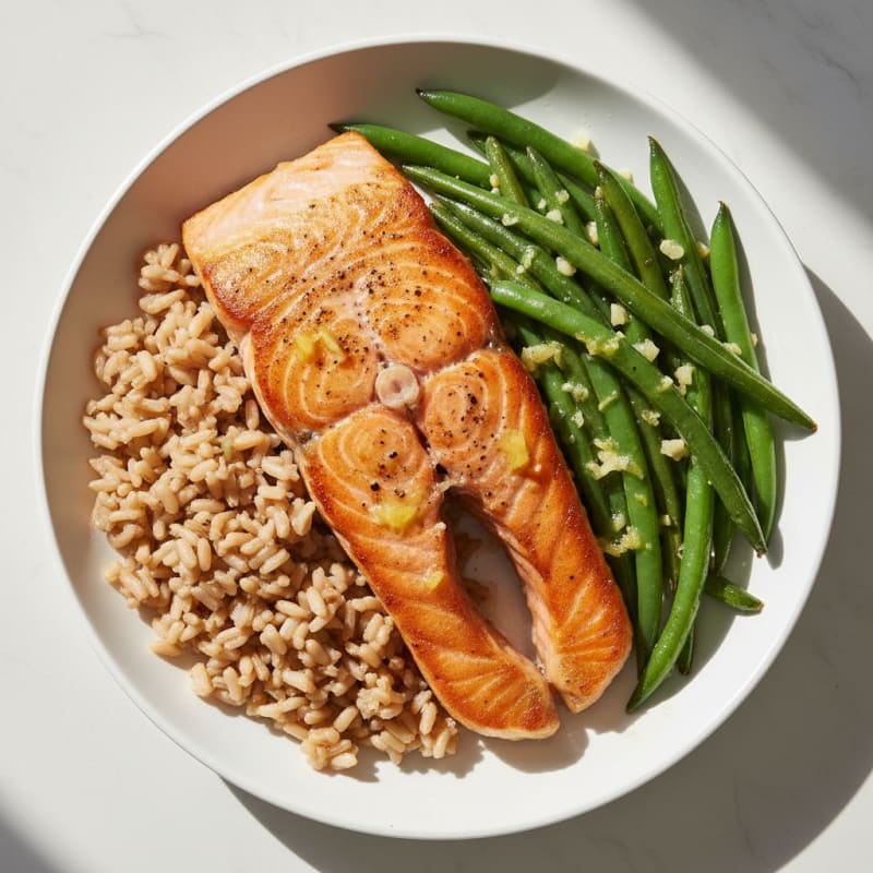 Seared Salmon with Garlic Green Beans and Brown Rice